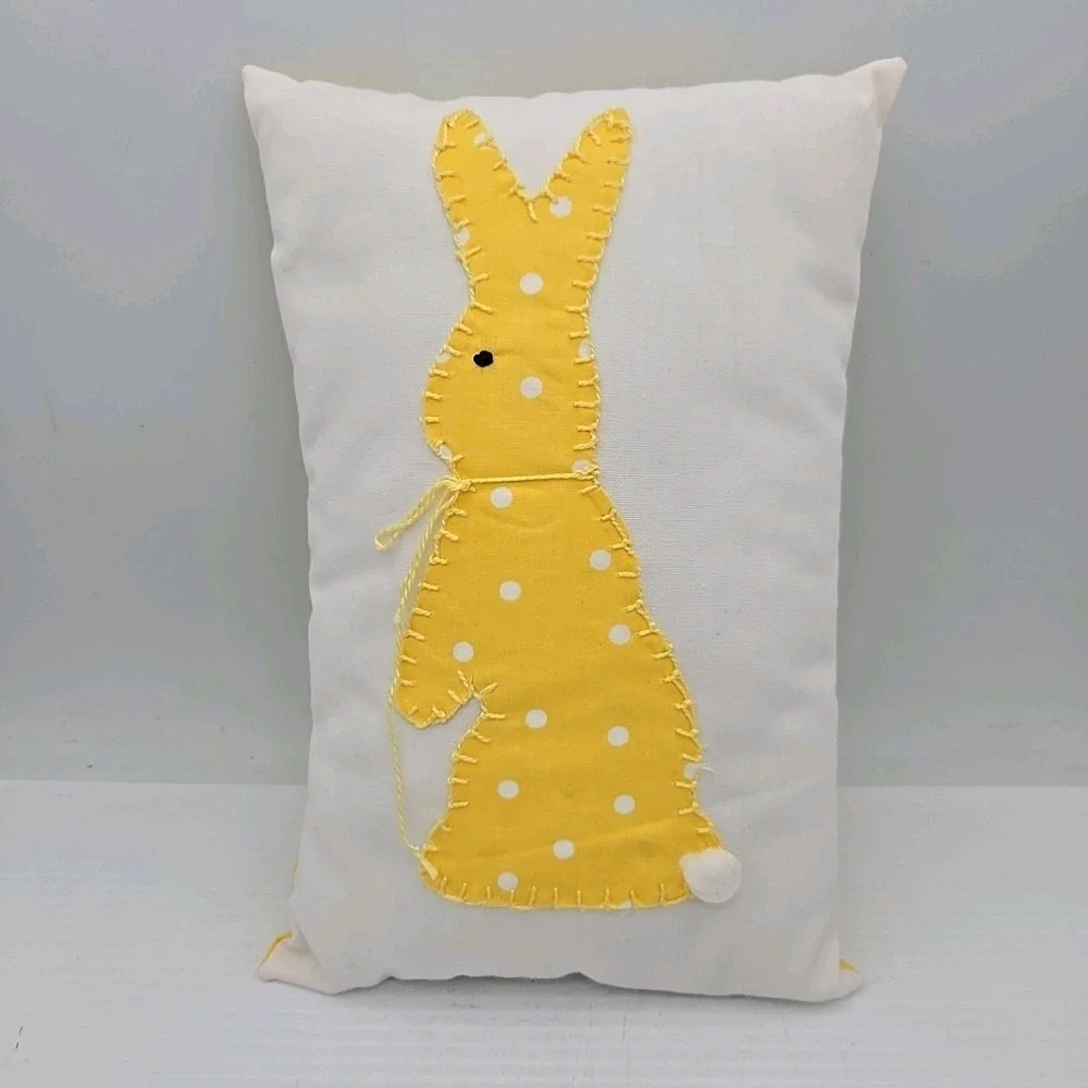 Embroidered Bunny Decorative Pillow Easter Yellow And White Small 10
